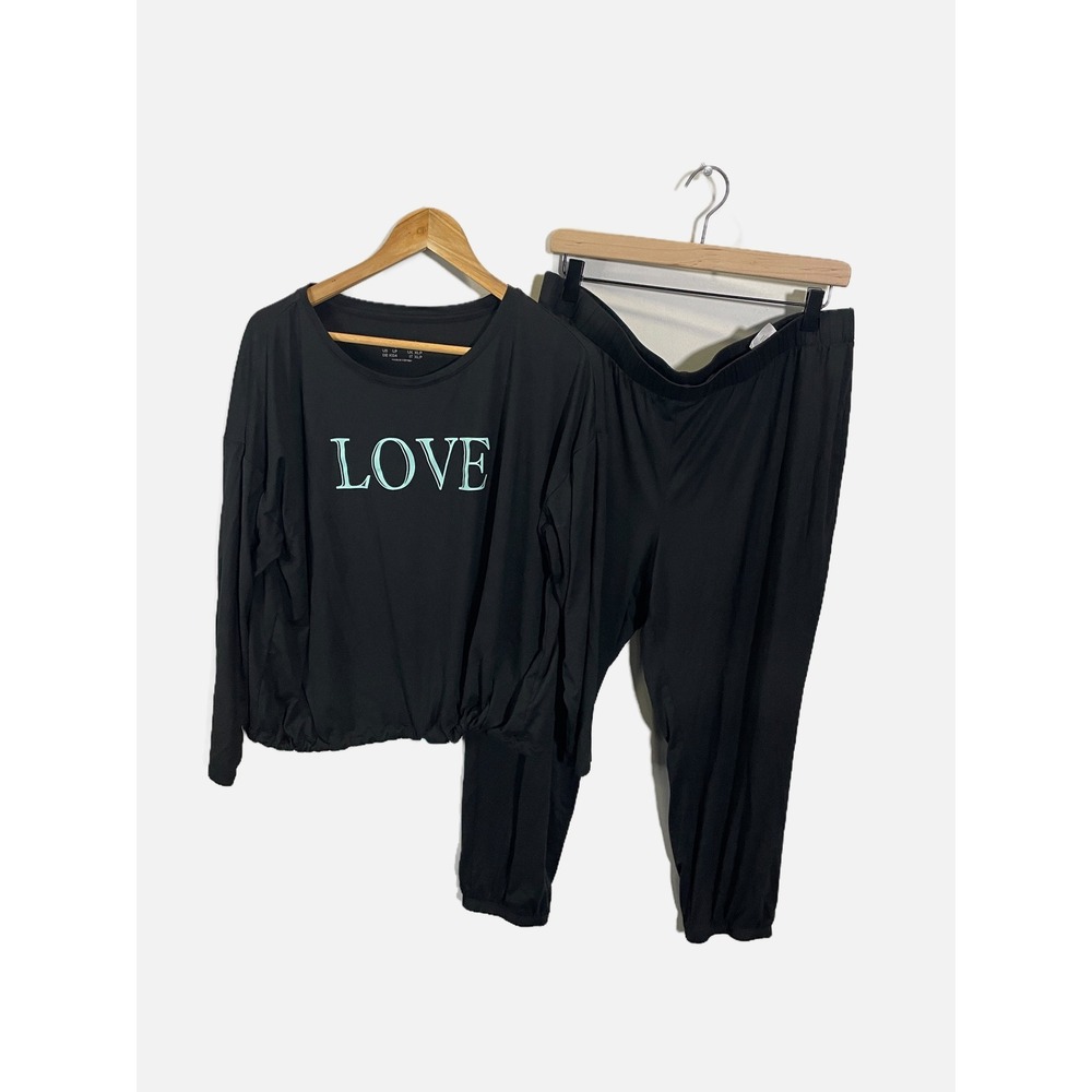 AnyBody Pajama Set Womens LP Black Love Graphic Long Sleeve Joggers Loungewear